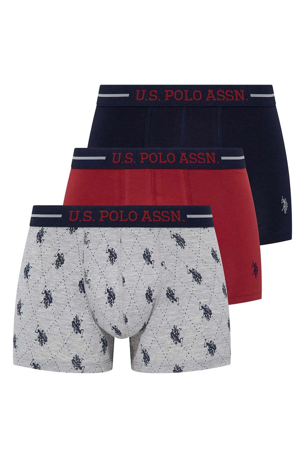 U.S. Polo Assn. 80328, 3 Pack, Cotton & Lycra, Men's Boxer Set, Burgundy & Navy Blue & Grey