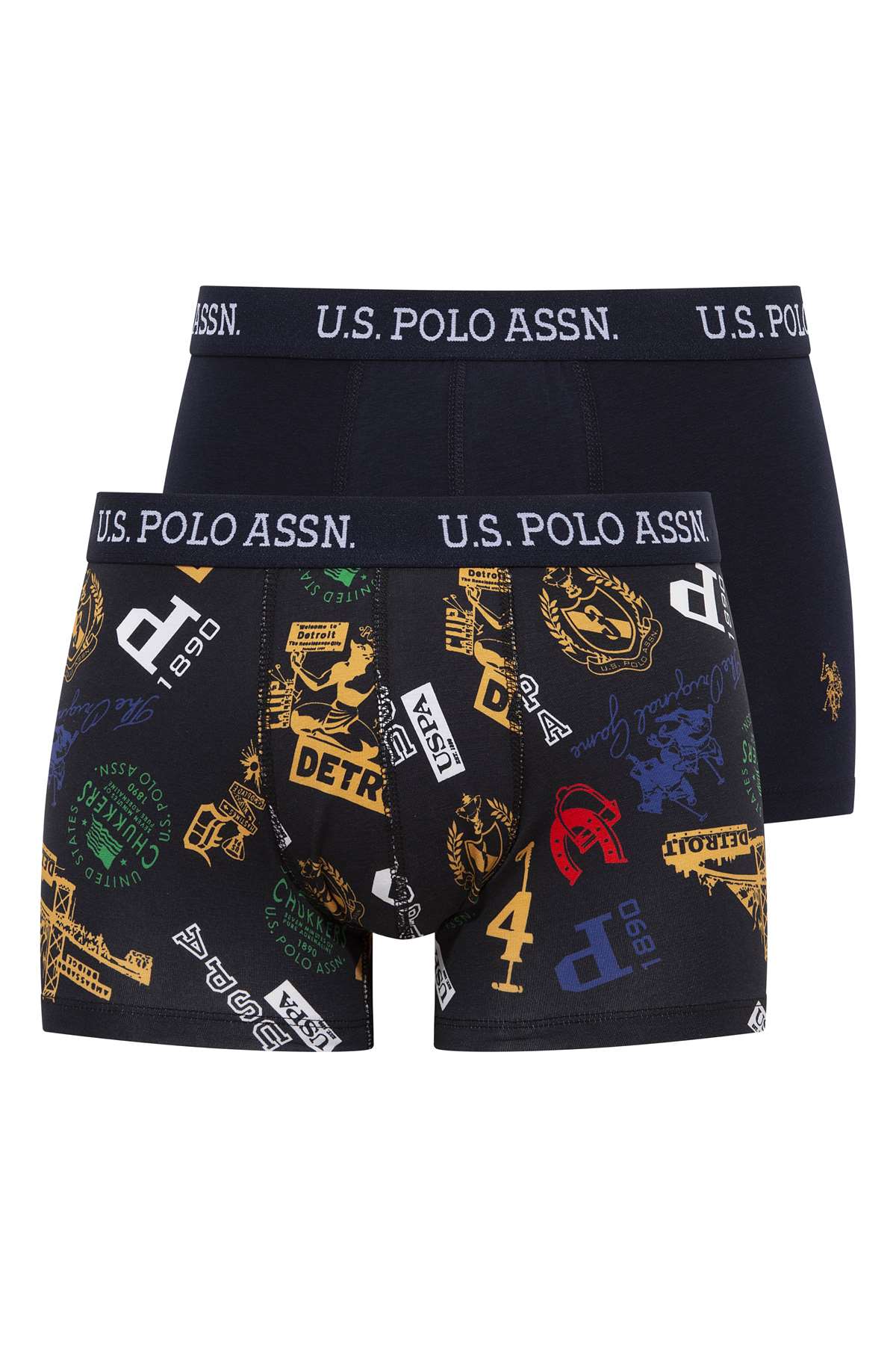 U.S. Polo Assn. 80476, 2 Pack, Elastic Waist, Cotton & Lycra, Men's Boxer Set, Printed & Navy Blue