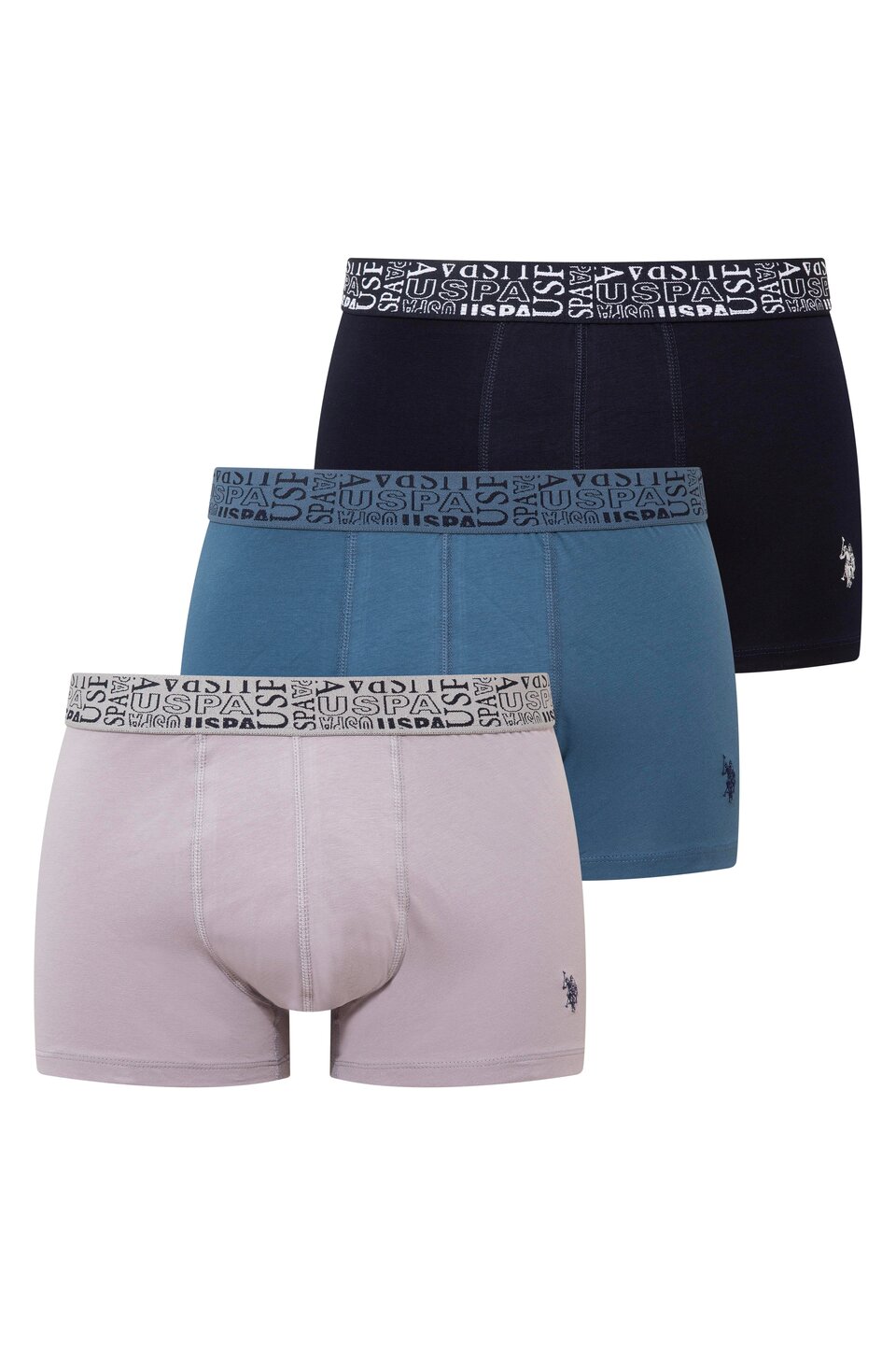 U.S. Polo Assn. 80543, 3 Pack, Elastic Waist, Cotton & Lycra, Men's Boxer Set, Navy Blue & Indigo & Gray