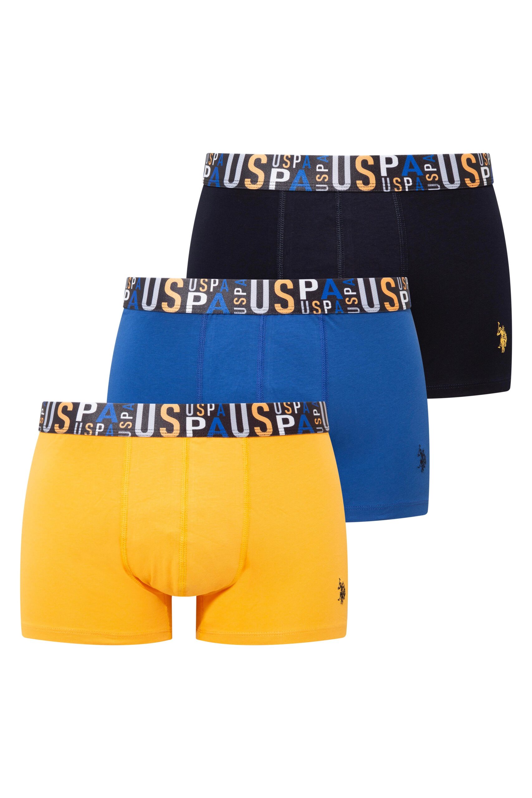 U.S. Polo Assn. 80572, 3 Pack, Elastic Waist, USPA Printed, Cotton & Lycra, Men's Boxer Set, Saks Blue & Yellow & Navy Blue