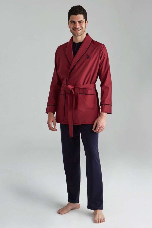 U.S. Polo Assn. Cotton Men’s Pajama Set & Robe & Shorts Set, 5-Piece Set, Burgundy - Image 2