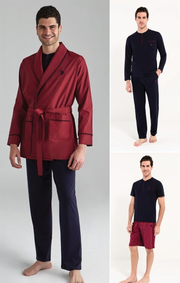 U.S. Polo Assn. Cotton Men’s Pajama Set & Robe & Shorts Set, 5-Piece Set, Burgundy