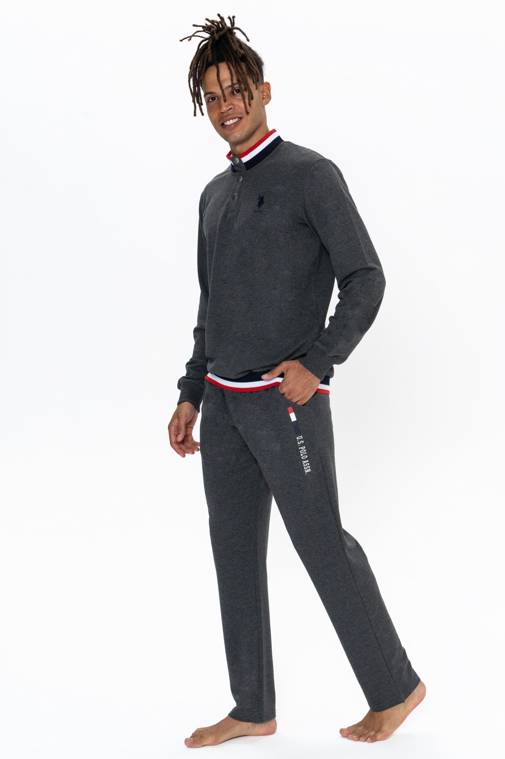 U.S. Polo Assn. Men’s Two-Piece Pajamas, 18922, 3-Button Collar, Elasticated Sleeve, with Pockets, Anthracite